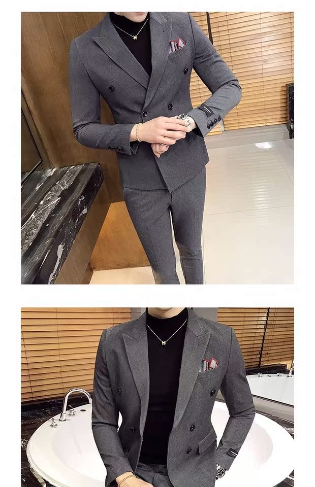 Phù hợp với màu xanh lá cây phù hợp với nam tay dài mùa thu mỏng đôi ngực rắn màu nhỏ phù hợp với bộ đồ cưới hai mảnh áo vest nam hàn quốc