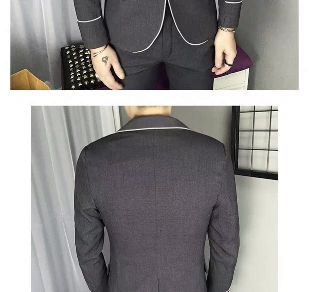 Bộ đồ vest nam mùa thu dài tay thon gọn hai mảnh màu trắng thiết kế sọc trắng miễn phí bộ đồ công sở đêm nóng quần baggy nam