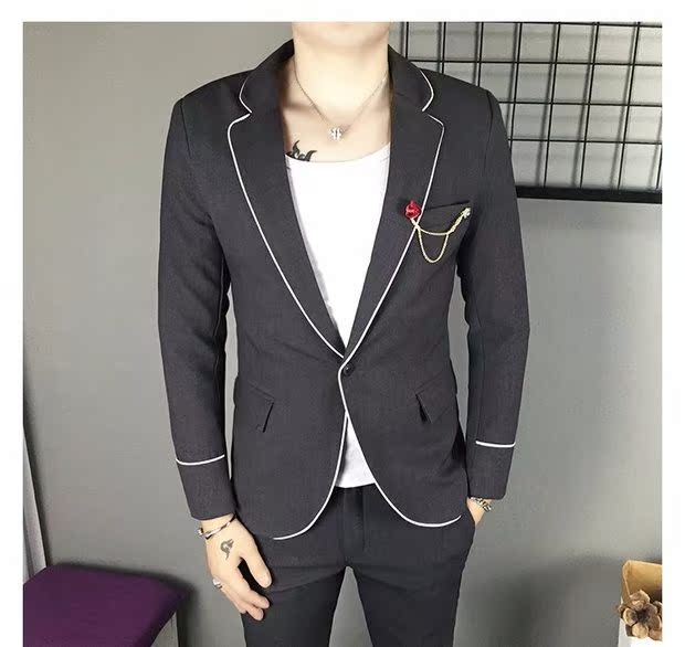 Bộ đồ vest nam mùa thu dài tay thon gọn hai mảnh màu trắng thiết kế sọc trắng miễn phí bộ đồ công sở đêm nóng quần baggy nam
