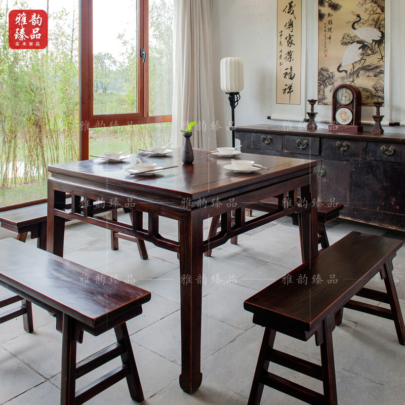 Old Elm Wood Chinese Solid Wood Square Middle Class Eight Fairy Table Clear Imitation Retro Quad Table Bar Stool Five Pieces Combinations
