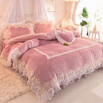  Italy IMOM winter princess style four-piece girl quilt cover bed skirt lace edge coral velvet flannel