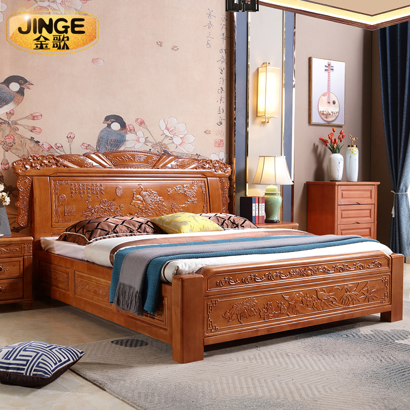 Solid wood bed antique double bed 1 8 m modern new Chinese carved flower large bed Ming and Qing classical wedding bed master bedroom furniture-Taobao