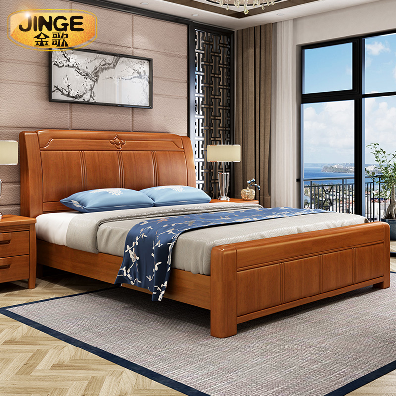 Solid wood bed new Chinese style 1.8 meters modern simple economy single double bed high box 1.5 meters master bedroom storage wedding bed