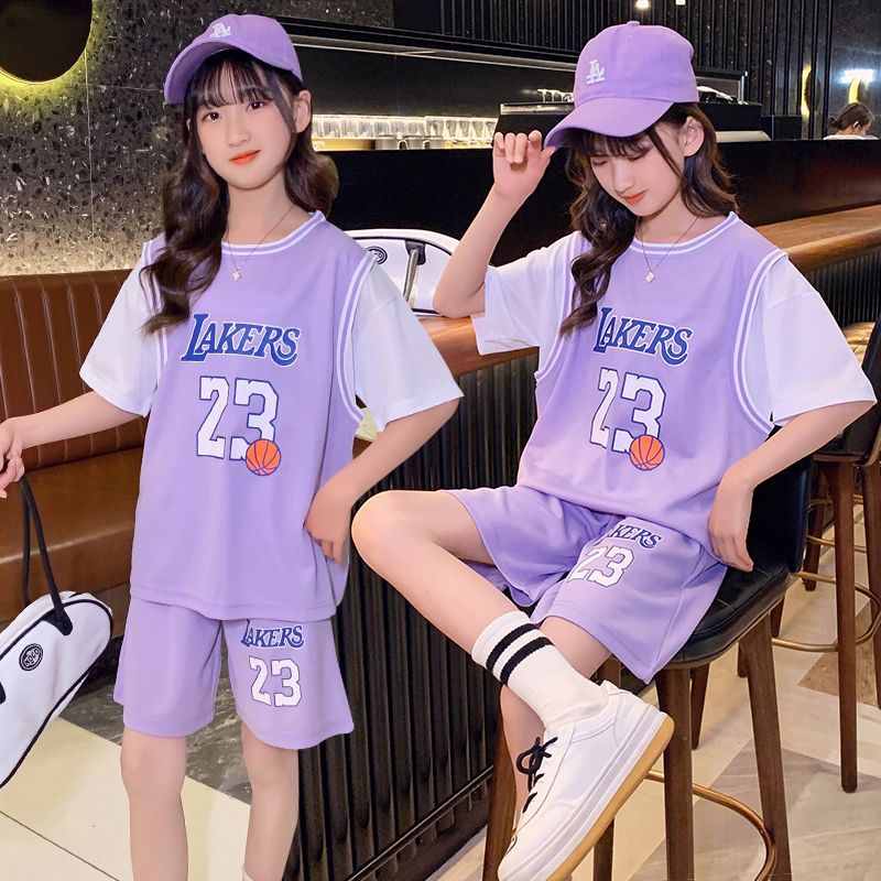 Girls Basketball Suit Children Sports Suit 23 Number Jersey Speed Dry Girl Short Sleeve Casual Training Ball Clothes Two Sets-Taobao