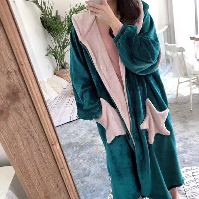 Áo mới dễ thương ngôi sao dài dài dày ấm áp flannel phụ nữ mang thai đôi có thể mặc đồ ngủ phục vụ nhà mùa đông