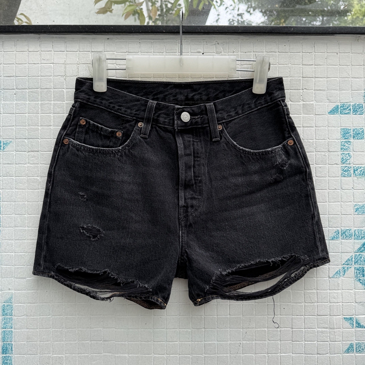 Lao Li Big E 501 Black Distressed Effect Women's Denim Shorts American Denim