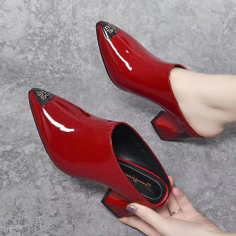 Baotou sandals and slippers women's 2022 summer new leather thick heel outer wear all-match fashion patent leather temperament high-heeled women's shoes