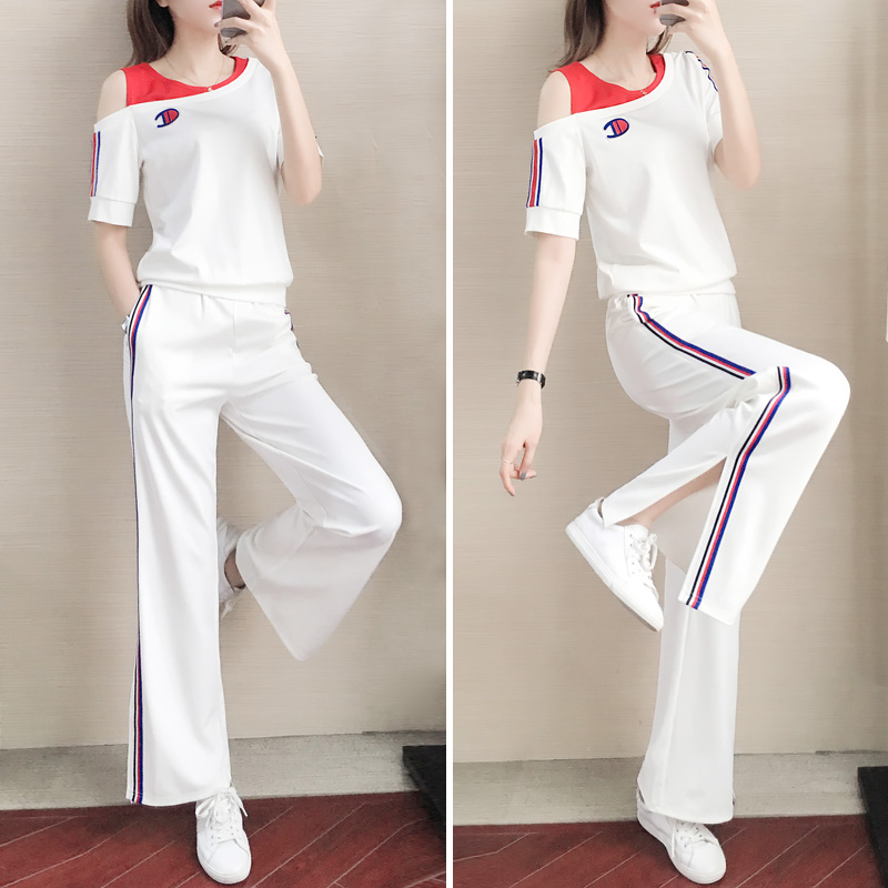 Sports suit women 2023 summer new Korean edition wide open shoulder overcoat broad legs fashion two waves