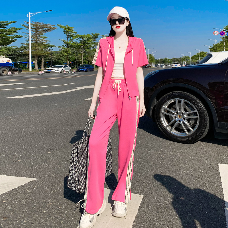 Fashion Temperament Sports Casual Suit Women Summer 2022 New Loose Short Sleeves Expats Slim Foreign Pie Broadlegged Pants Two Sets