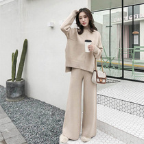 Europe station 2021 spring new fashion Western-style sweater suit hanging knitted wide-leg pants two-piece womens fashion trend