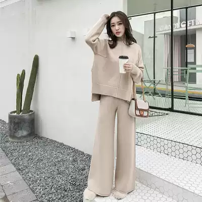 European station 2021 spring new fashion foreign style sweater set weave knitted wide leg pants two-piece women's tide