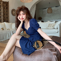 Europe station 2020 summer new French fashion Western style waist thin dress women bubble sleeve A-line skirt tide