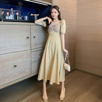 European station womens European goods tide French retro mesh stitching bubble sleeve dress sexy Hepburn little black skirt