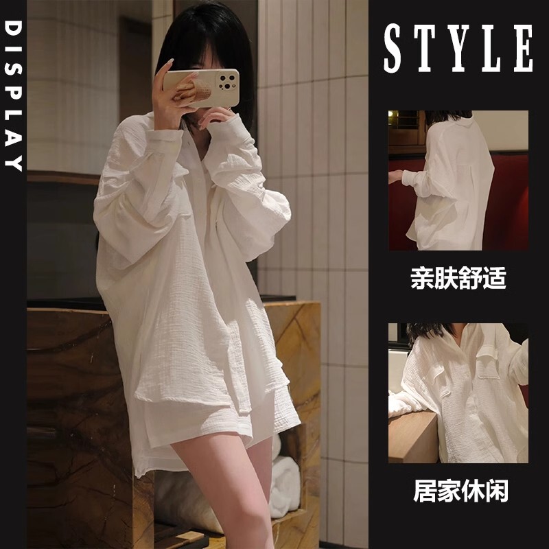 Ins Casual White Gauze Long-Sleeved Pajamas for Women Summer New Style Shorts Loose Home Clothes Large Size Pure Desire Suit