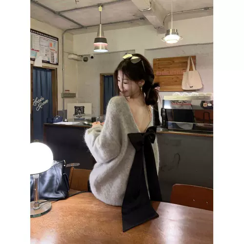 Трикотажная осенняя альпака с бантиком, свитер, с открытой спиной, свободный крой