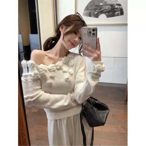 Трехмерный трикотажный лонгслив, осенний демисезонный дизайнерский свитер, в цветочек, оверсайз, тренд сезона