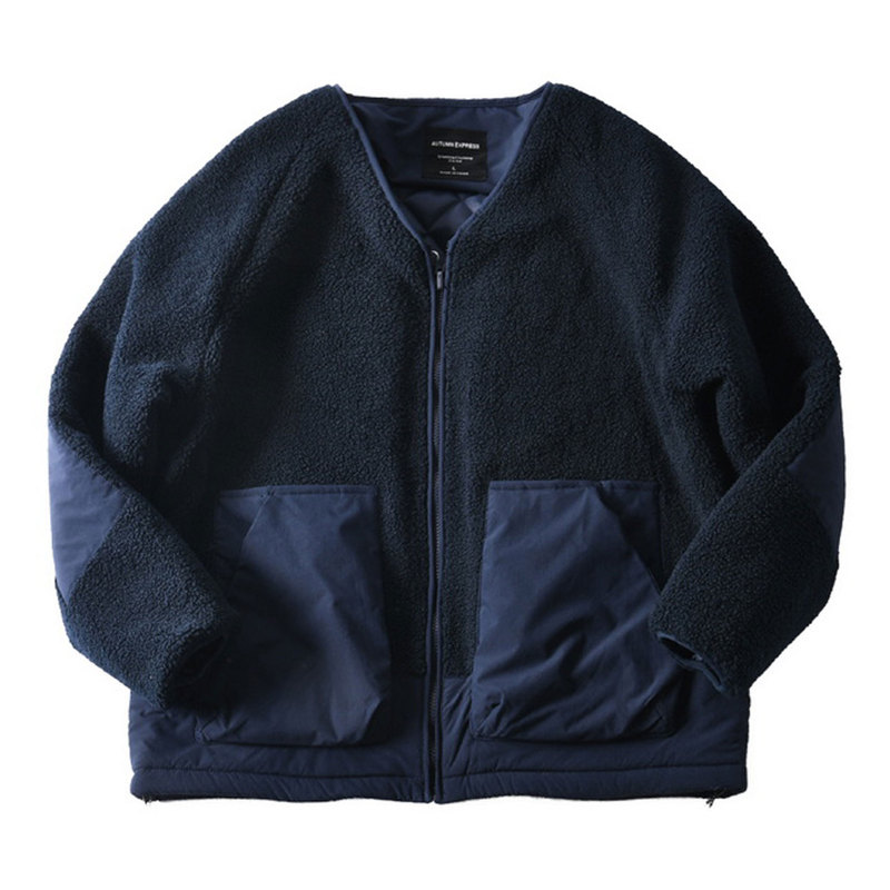 Musonmu Trendy Japanese-Style Teddy Fleece Thick Collarless Jacket for Men, Loose Casual Cotton Coat for Autumn and Winter