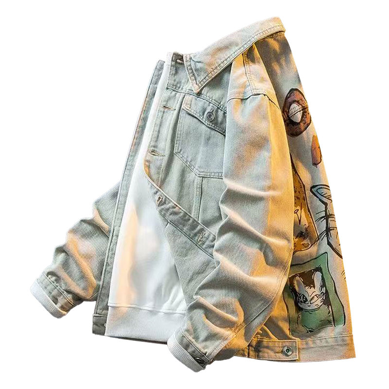 Musonmu Trendy Brand American Retro Printed Denim Jacket for Men, Spring and Autumn Loose Casual Lapel Work Jacket