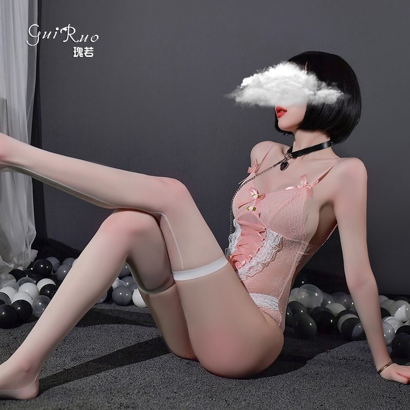 Sexy Transparent Lace Private Room Underwear Deep V Cross Strap Pink Maid Dead Bank Water Dark open crotch Libra