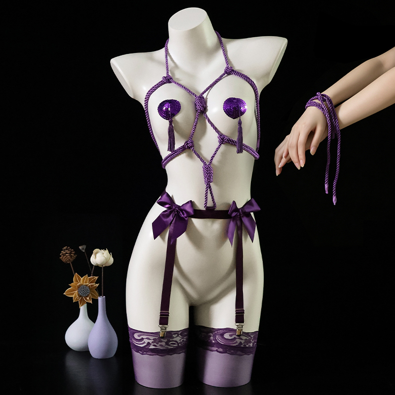 Sexy Bondage Harness Lingerie with Hollow-Out See-Through Design, Push-Up Purple Bodysuit with Garter Belt Integrated Set Qqny Sexy Bondage Harness Lingerie with Hollow-Out See-Through Design, Push-Up Purple Bodysuit with Garter Belt Integrated Set Qqny
