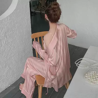 Elegant Stripe Series ~ fashionable accent pajamas female autumn silk suspenders trousers three-piece set can be worn outside suit