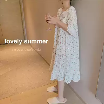 Sweet and greasy girl loves too much~OLOEY night dress female summer pure cotton short-sleeved long version of floral Japanese home clothes female