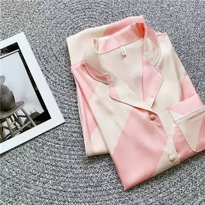 Gentle and neatness ~ OLOEY spring and autumn pajamas female silk long sleeve set short sleeve silky stripe home wear