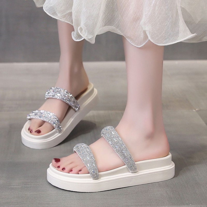 Summer Shiny Thick-Heeled Comfortable Slip-On Slimming Beach Shoes, Everyday Casual Versatile Slippers