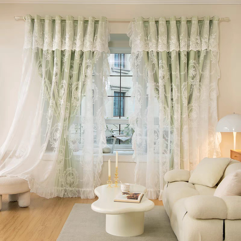 2026 New Double-Layer Integrated Full Blackout Lace Finished Blackout Fabric Gauze Integrated Thickened Bedroom and Living Room Curtains