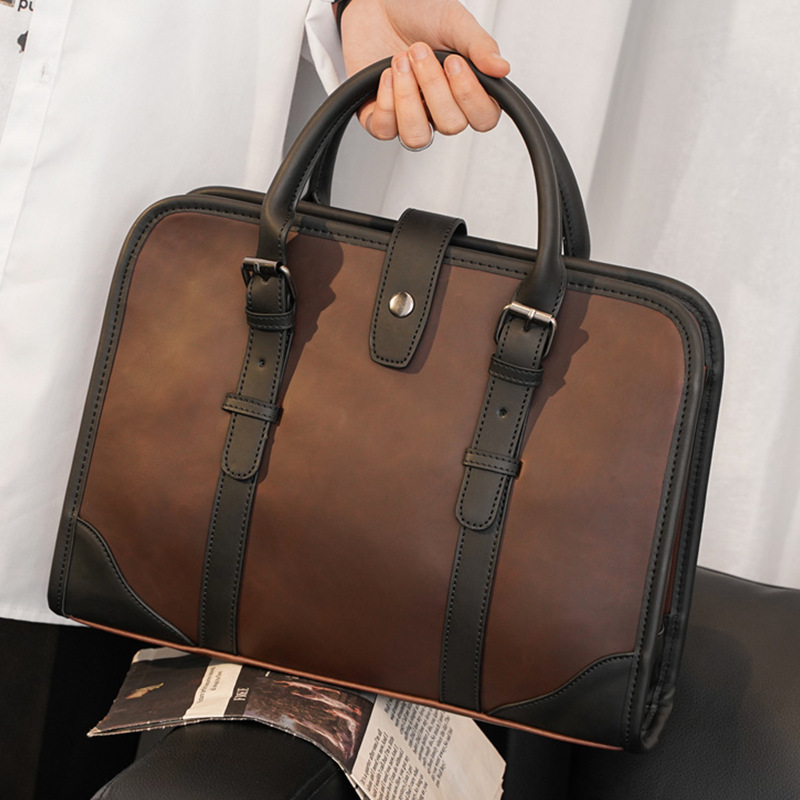 Hong Kong Men Cross Section Bull Leather Mass Briefcase Documents Handbag Business Casual Business Casual Travel Single Shoulder Pen Electric Bag