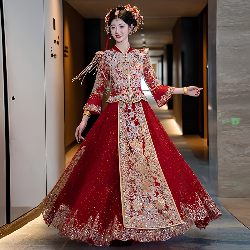 New Chinese-Style Red Wedding Dress 2026 New Model Xiuhe Dress Light Gauze Skirt Spring and Summer Thin Hollow-Out High-End Bridal Gown New Chinese-Style Red Wedding Dress 2026 New Model Xiuhe Dress Light Gauze Skirt Spring and Summer Thin Hollow-Out High-End Bridal Gown