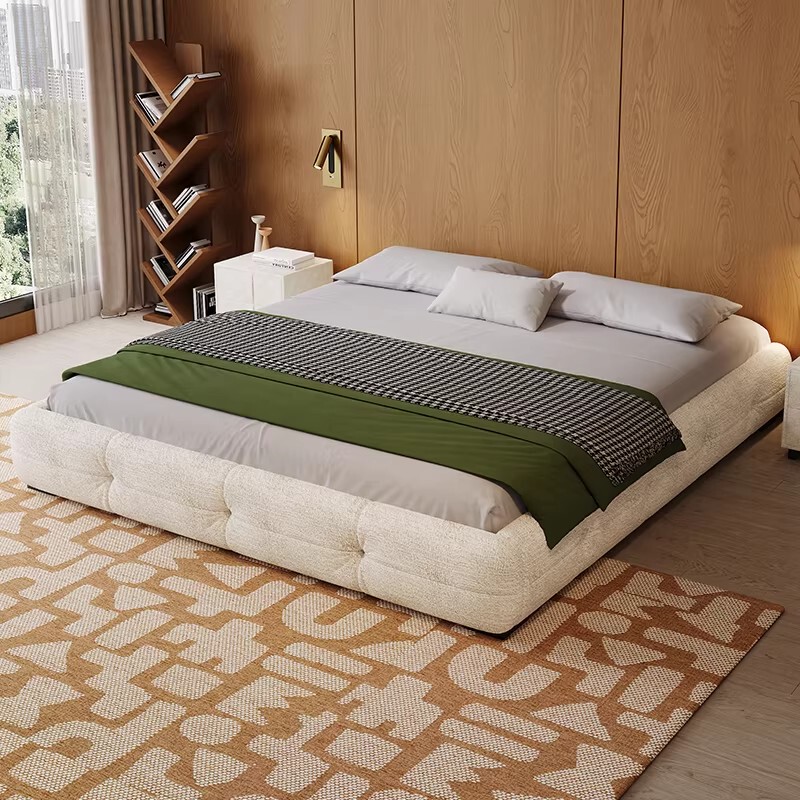 Cream-Colored Headboard-Free Bed 2m X 2.2m Large Bed Master Bedroom Box Bed Without Backrest Bed Frame Chenille Fabric Bed
