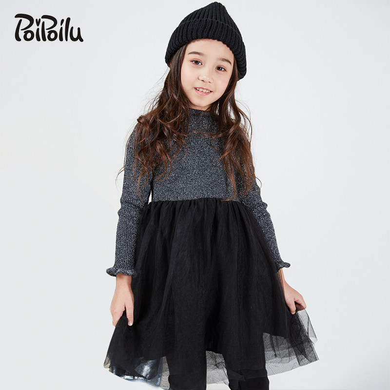 Girl Autumn Winter Dress New Foreign Dress CUHK Boy 12-15 Year Long Sleeve Foreign Dress Splicing Black Princess Dress