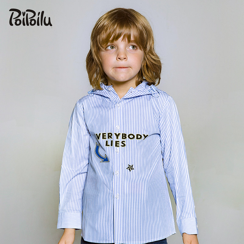 Boy blouses striped shirt with cap CUHK child long sleeve pure cotton slim fit Chauded boy shirt Spring and autumn clothing for children