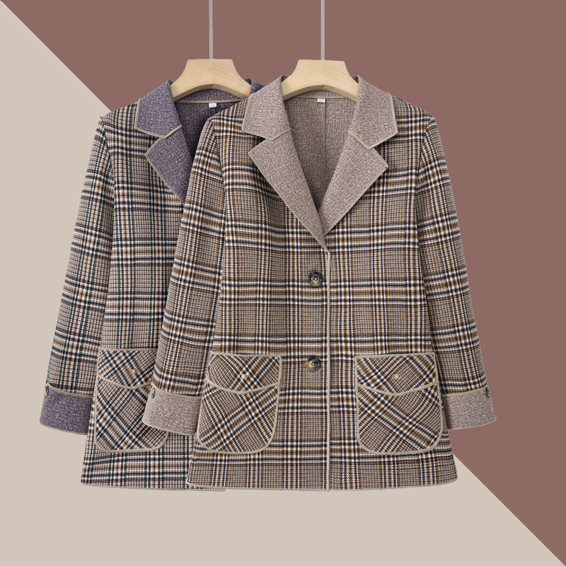 Spring Fashion Jacket for Middle-Aged and Elderly Women, Casual Plaid Blazer with Lapel, Stylish Grandma-Style Spring and Autumn Small Suit Spring Fashion Jacket for Middle-Aged and Elderly Women, Casual Plaid Blazer with Lapel, Stylish Grandma-Style Spring and Autumn Small Suit
