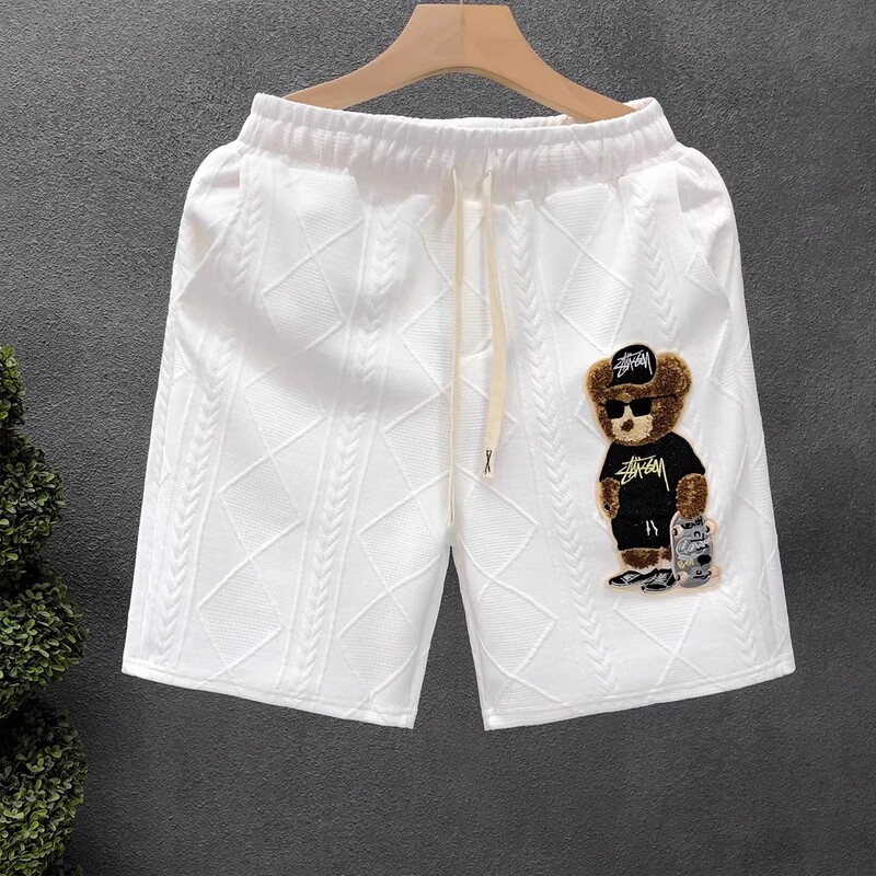 Kangshi Yishu 2026 Summer New White Shorts for Men, High-End Trendy Brand, Fashionable Cartoon Embroidery Casual Five-Point Shorts