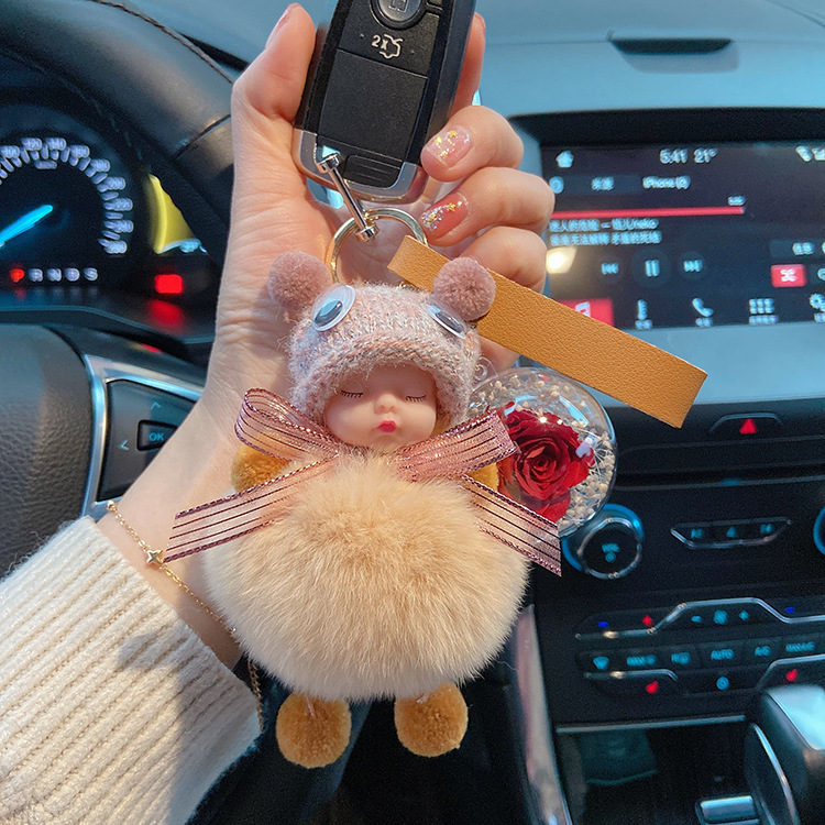 Car key chain female Japanese Korean cute net red sleeping rabbit hair doll immortal flower soft cute plush bag ornaments