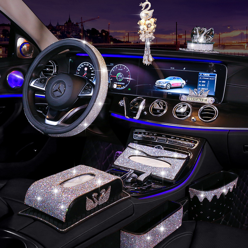 Car high-end decorative diamond-encrusted steering wheel removable paper towel swan pendant complete set of beautiful car accessories car goddess - Taobao