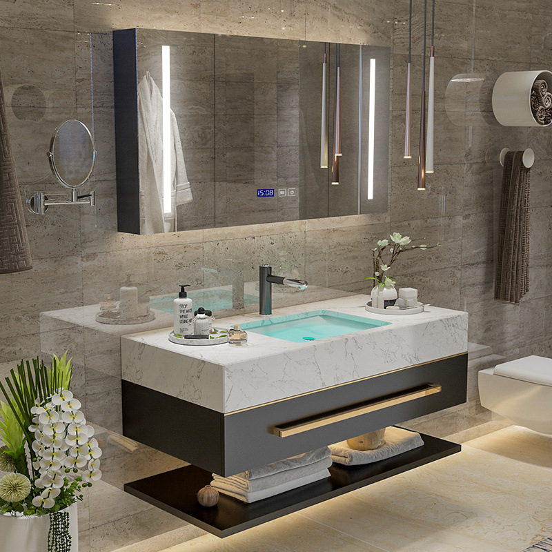 Smart Bath Room Cabinet Combination Light Extravagant Double Basin Marble Floor Washbasin Cabinet Combined Bathroom Cabinet Wash and Rinse Terrace Mirror Cabinet 