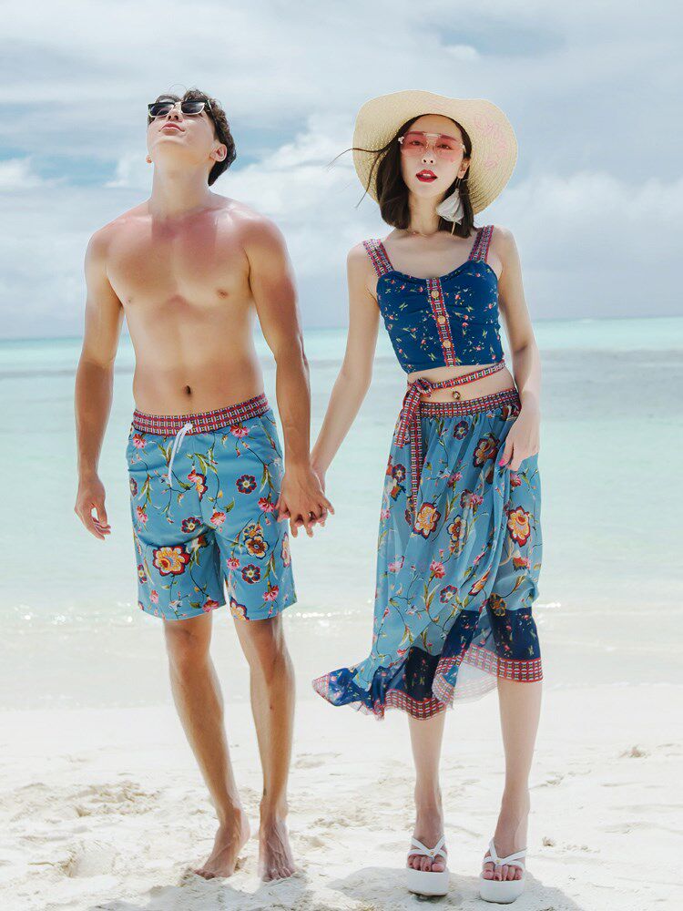 2020 new honeymoon swimsuit set three-piece brand hot spring couple outfit female dark blue beach summer swimsuit