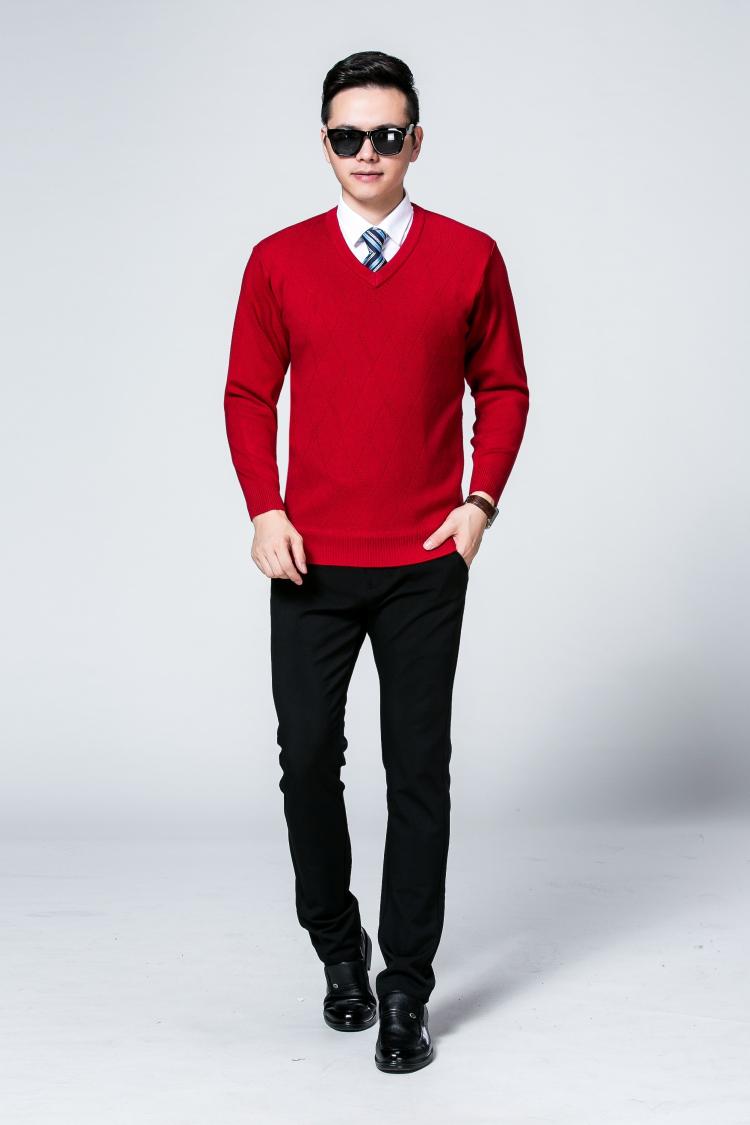 Chú rể mùa thu đông tham dự tiệc cưới, bố, đời thường, áo len nam màu đỏ to, tim gà, áo len cashmere cổ chữ v áo có cổ