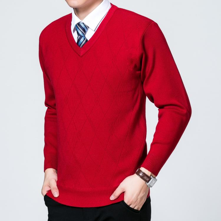 Chú rể mùa thu đông tham dự tiệc cưới, bố, đời thường, áo len nam màu đỏ to, tim gà, áo len cashmere cổ chữ v áo có cổ