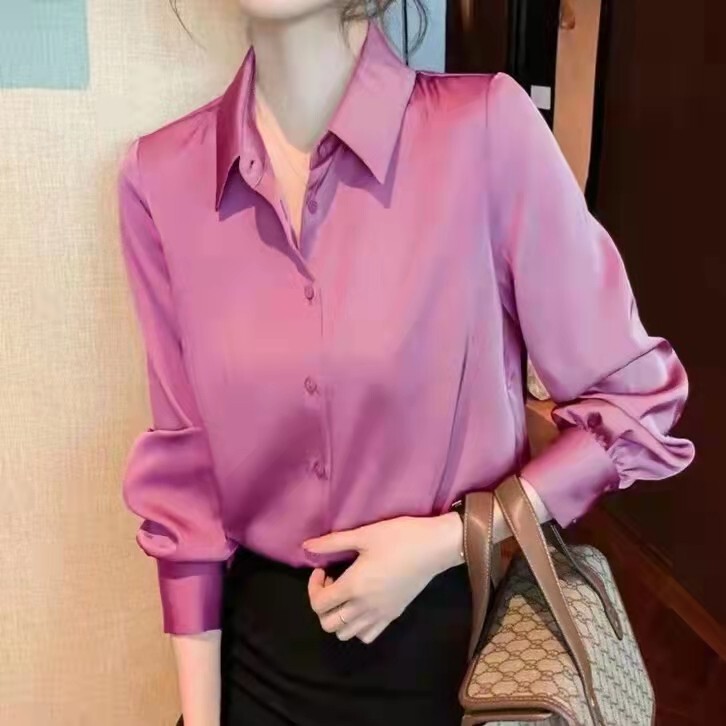 High-End Silk Satin Shirt Long-Sleeved Cardigan for Women Spring and Autumn New Style Polo Collar Elegant Top Simple Loose Shirt