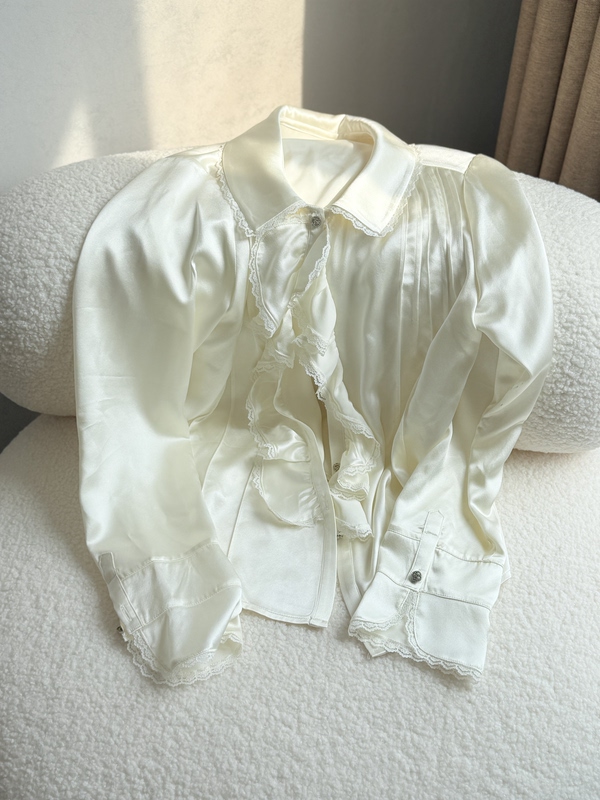 【Moonlight】French-Style Pleated Satin Lace-Trimmed Shirt