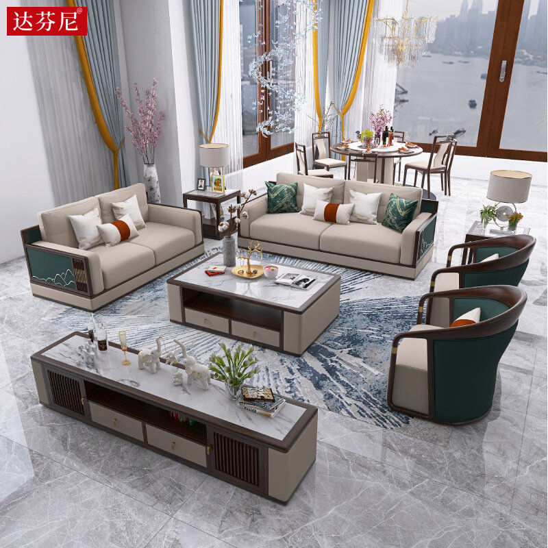 New Chinese style ebony wood sofa modern minimalist light luxury villa leather size apartment living room solid wood furniture set