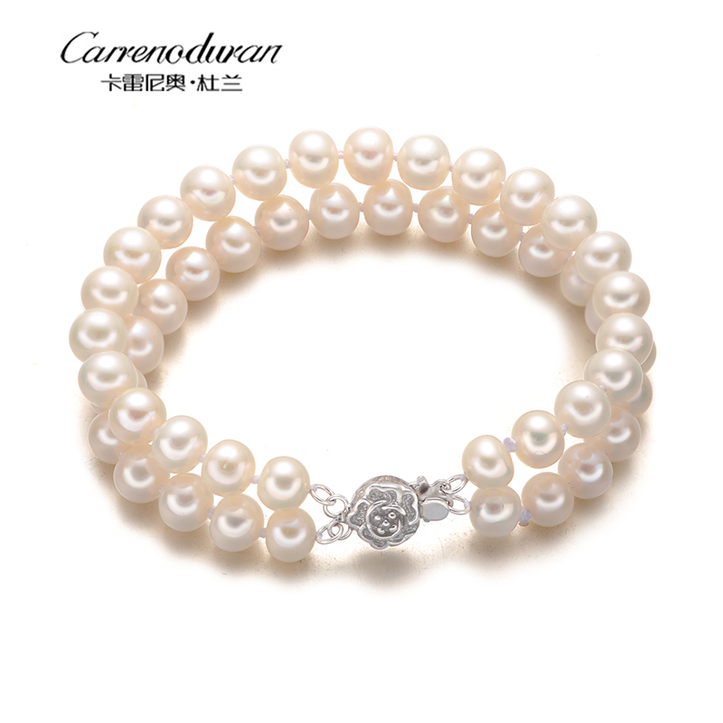 Dulun Jewelry 7-8mm White Freshwater Pearl Bracelet Nearly Perfect Round Double Row for Women, Gift for Mom on Mother's Day