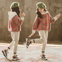 Girls tennis red suit foreign air necropolis with velvet big boy womens clothing winter clothing childrens suit girls autumn and winter 2022