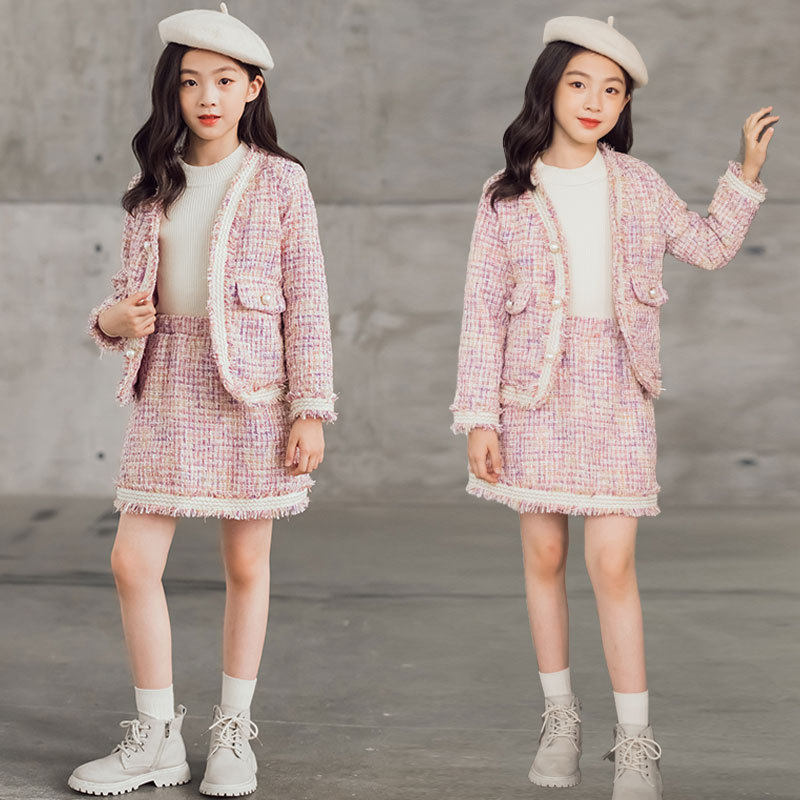 Girl Spring Clothing Suit Small Fragrance Princess Dresses With Velvet Girls Dress 2022 New Tide Trendy Han Fan Tide Clothes Autumn Winter