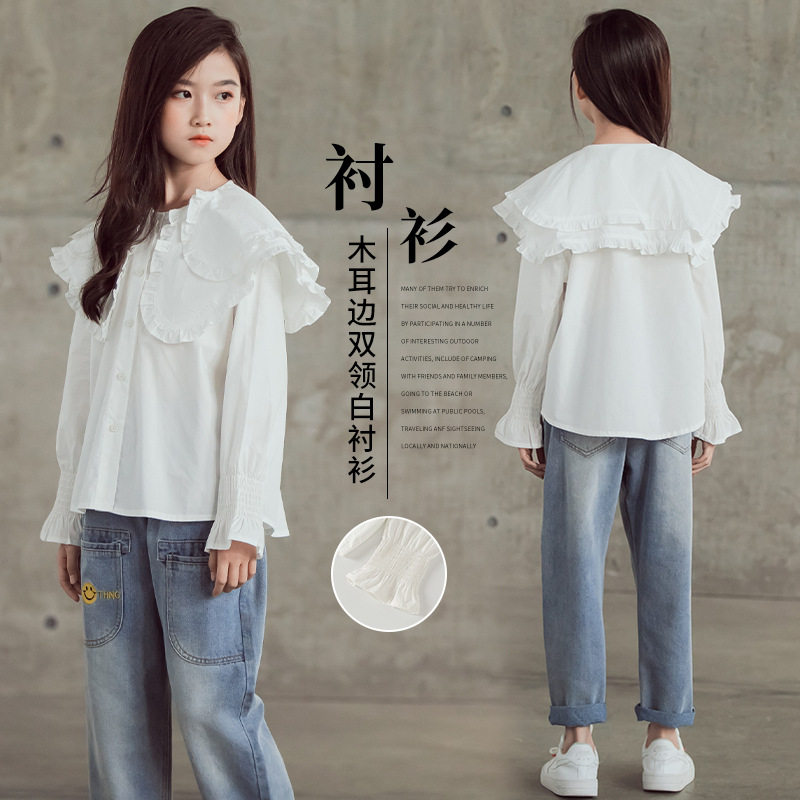 Girl Shirt Han Edition Trendy Children Autumn Clothes 2022 New Little Girl Shirt Foreign Pie Pure Cotton Boomer Fashion