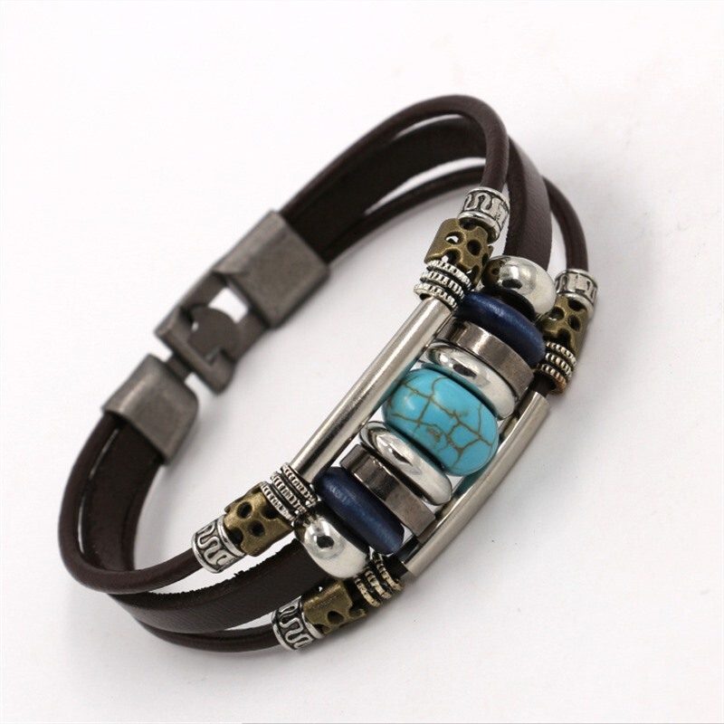 Tibet, Inner Mongolia, Xinjiang Style Turquoise Beaded Ethnic Pu Bracelet, Retro Multi-Layered Fashionable and Unique Jewelry